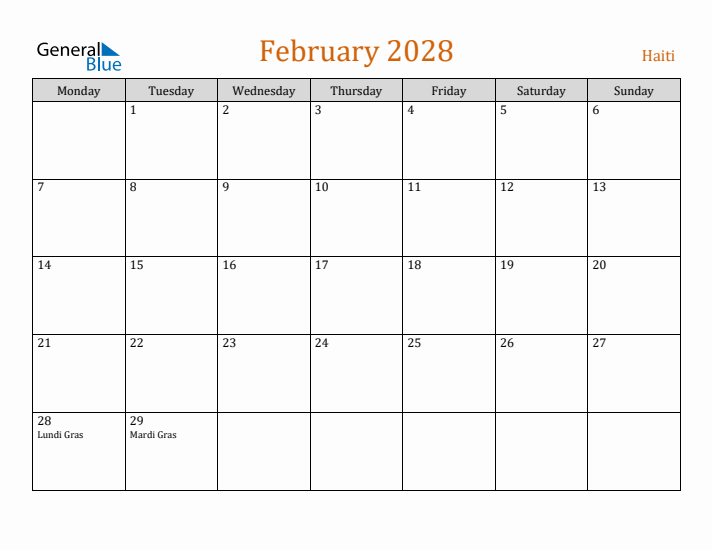 February 2028 Holiday Calendar with Monday Start