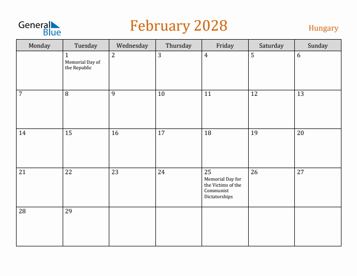 February 2028 Holiday Calendar with Monday Start