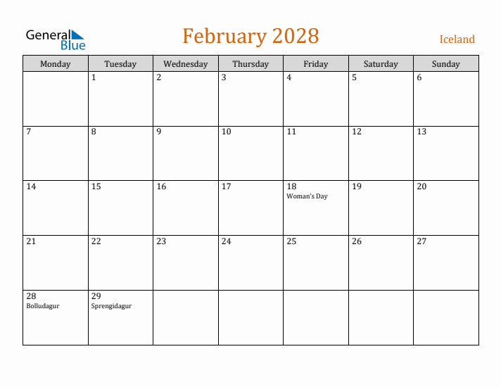 February 2028 Holiday Calendar with Monday Start