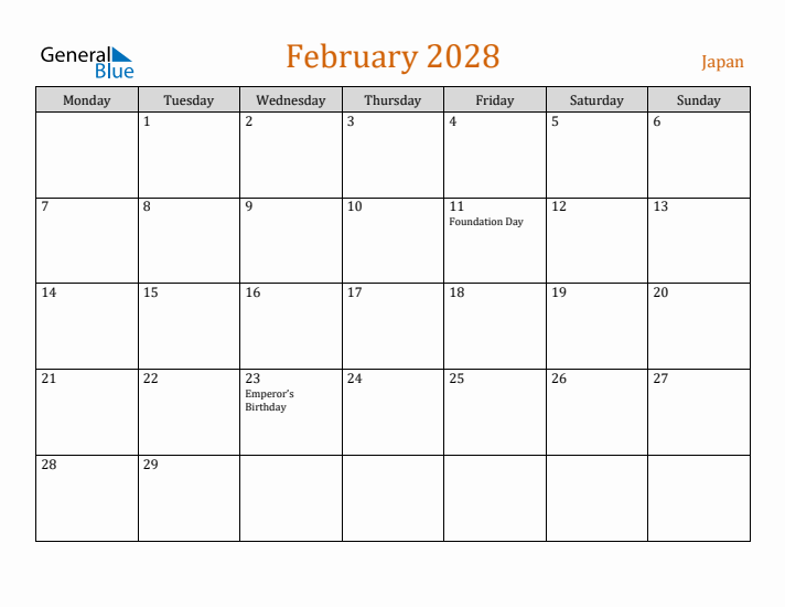 February 2028 Holiday Calendar with Monday Start