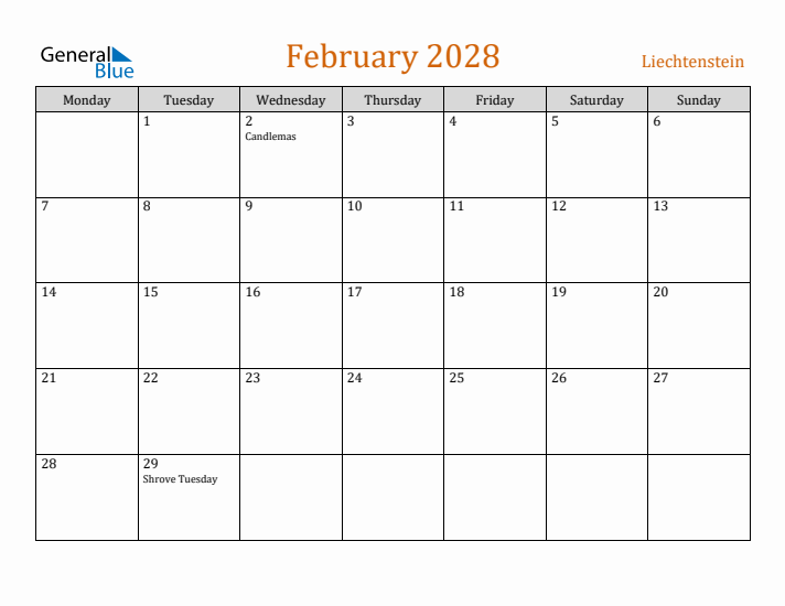 February 2028 Holiday Calendar with Monday Start