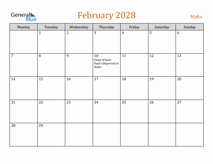 February 2028 Holiday Calendar with Monday Start