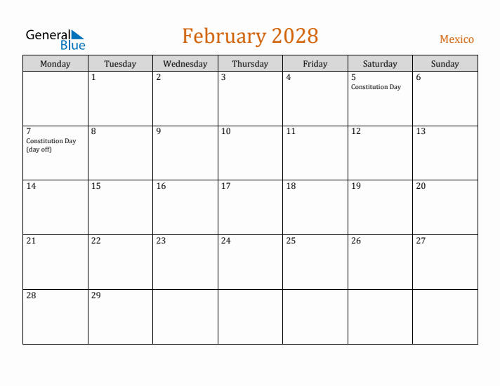 February 2028 Holiday Calendar with Monday Start