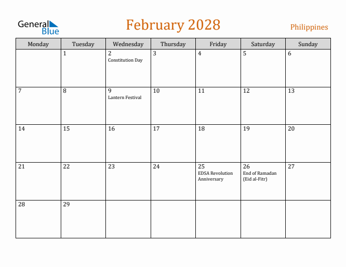 February 2028 Holiday Calendar with Monday Start