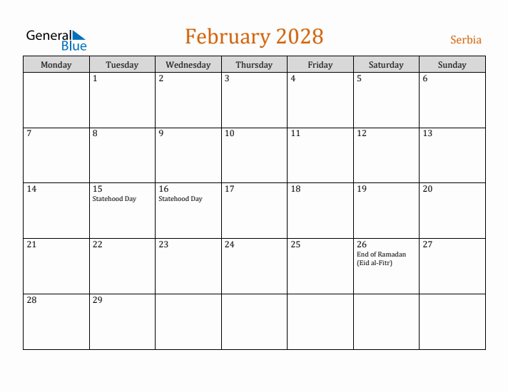 February 2028 Holiday Calendar with Monday Start