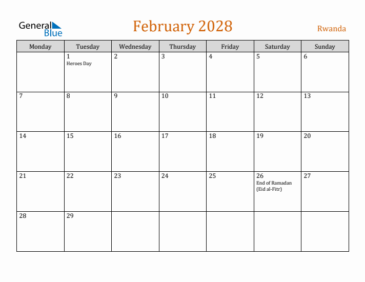 February 2028 Holiday Calendar with Monday Start