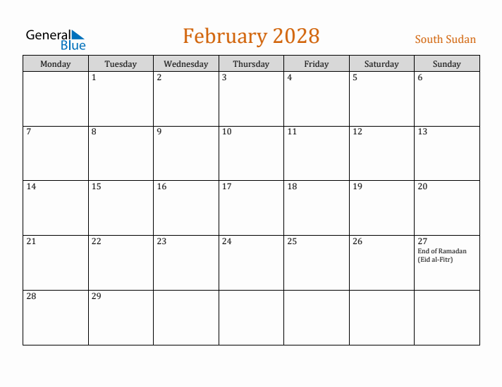 February 2028 Holiday Calendar with Monday Start