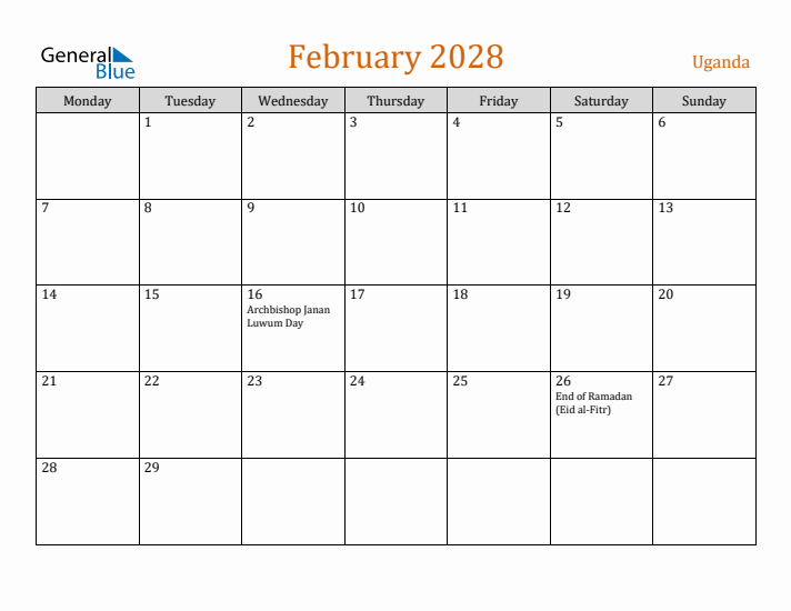 February 2028 Holiday Calendar with Monday Start