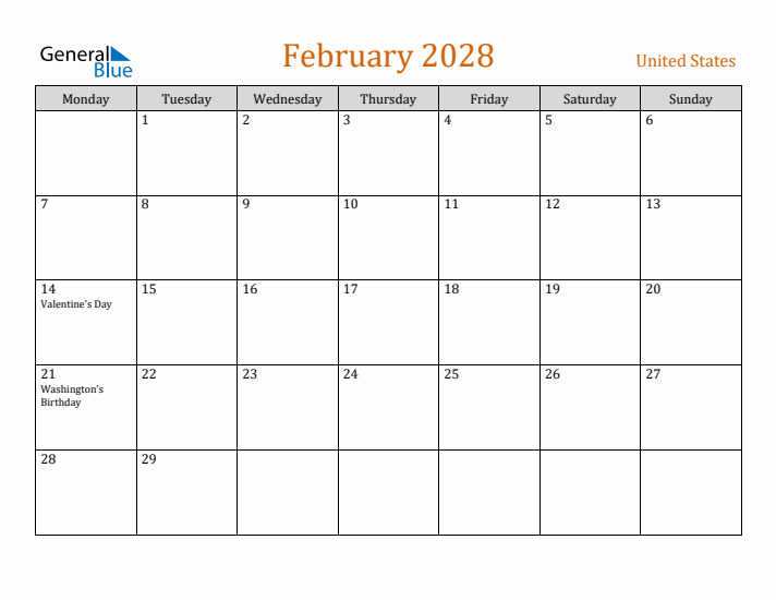 February 2028 Holiday Calendar with Monday Start