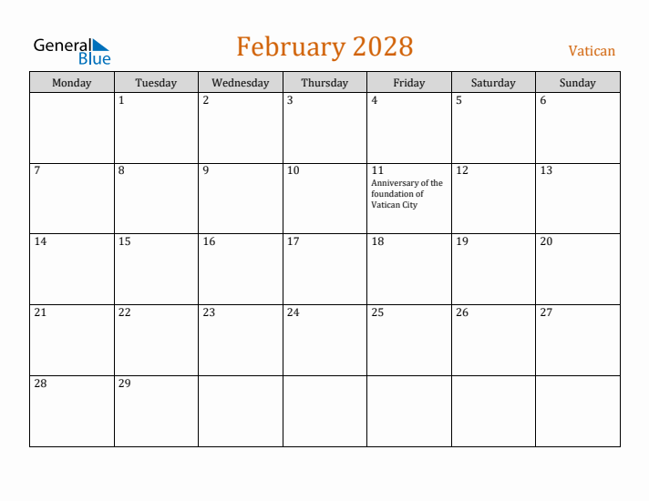 February 2028 Holiday Calendar with Monday Start