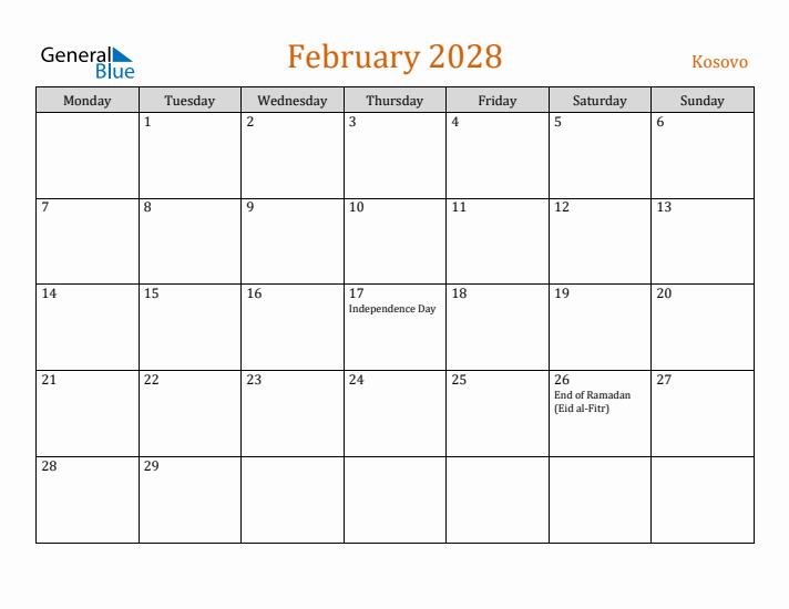 February 2028 Holiday Calendar with Monday Start