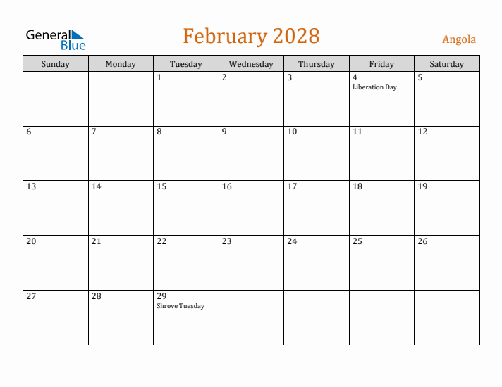 February 2028 Holiday Calendar with Sunday Start