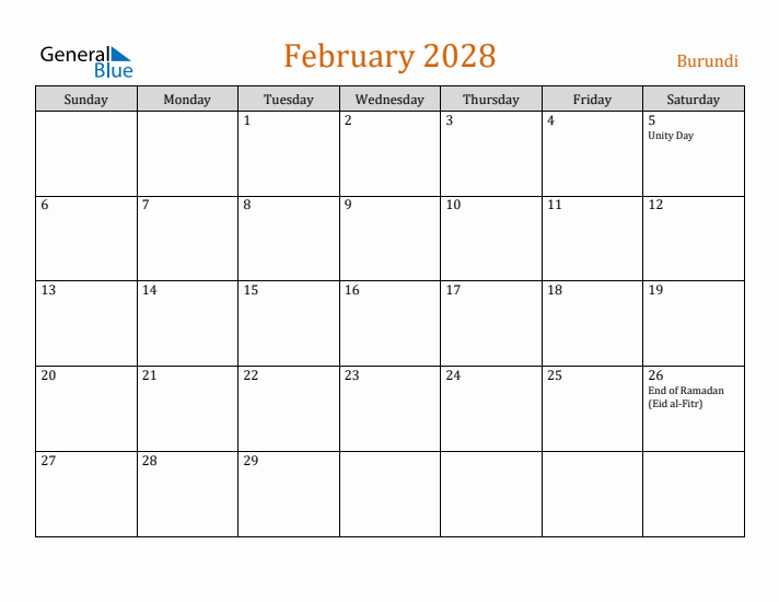 February 2028 Holiday Calendar with Sunday Start