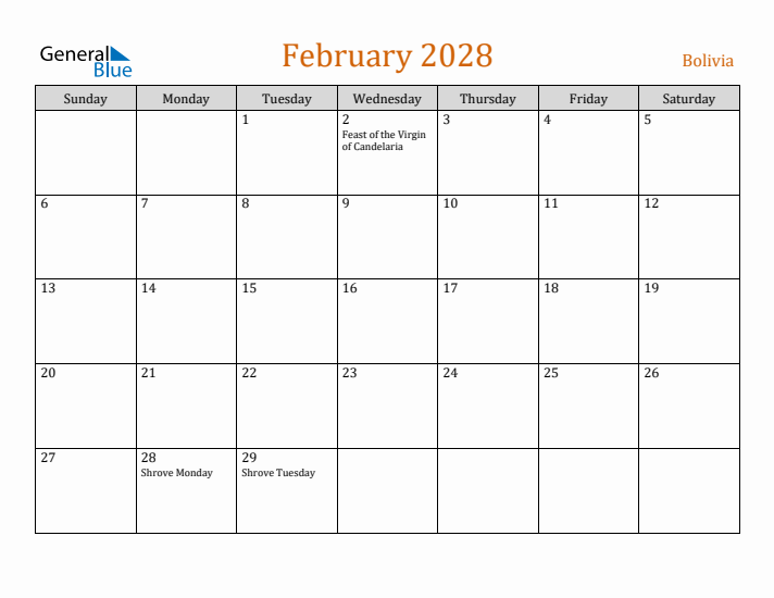 February 2028 Holiday Calendar with Sunday Start