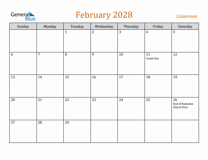 February 2028 Holiday Calendar with Sunday Start