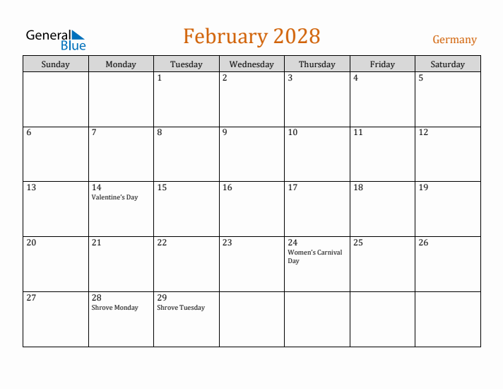 February 2028 Holiday Calendar with Sunday Start