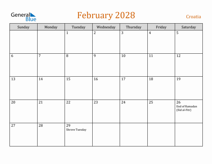 February 2028 Holiday Calendar with Sunday Start