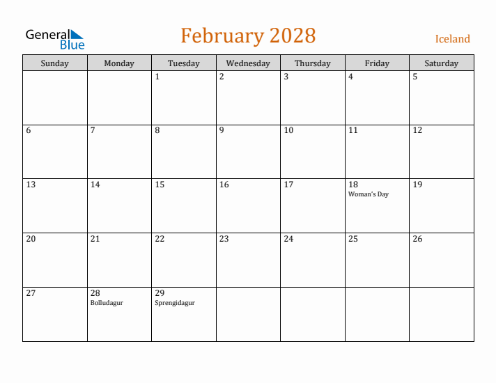 February 2028 Holiday Calendar with Sunday Start