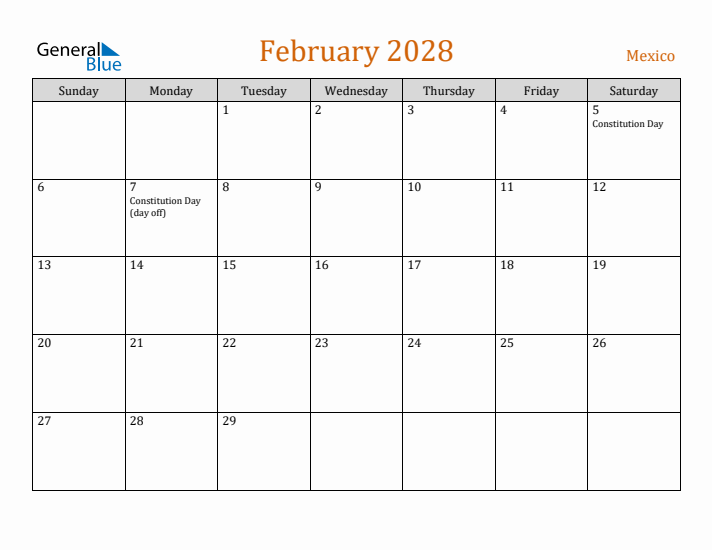 February 2028 Holiday Calendar with Sunday Start