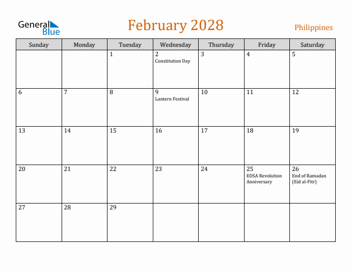 February 2028 Holiday Calendar with Sunday Start