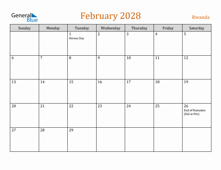 February 2028 Holiday Calendar with Sunday Start