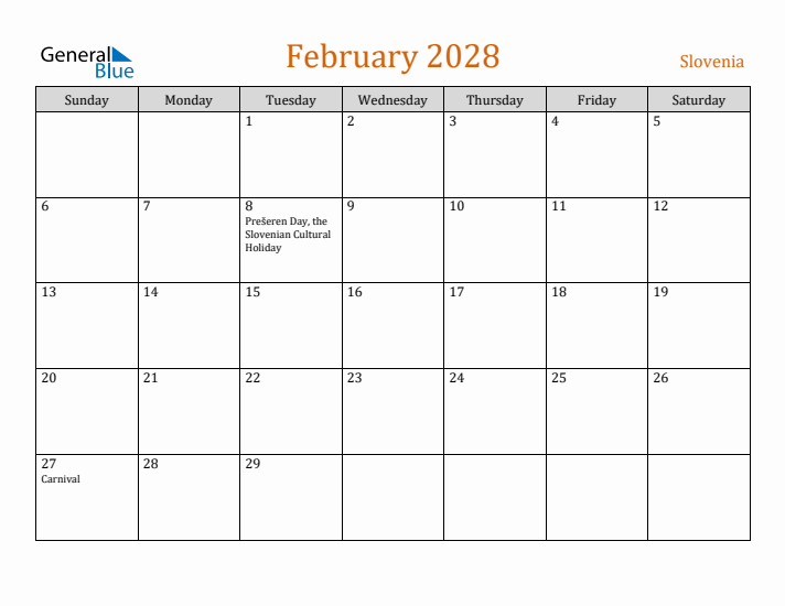 February 2028 Holiday Calendar with Sunday Start