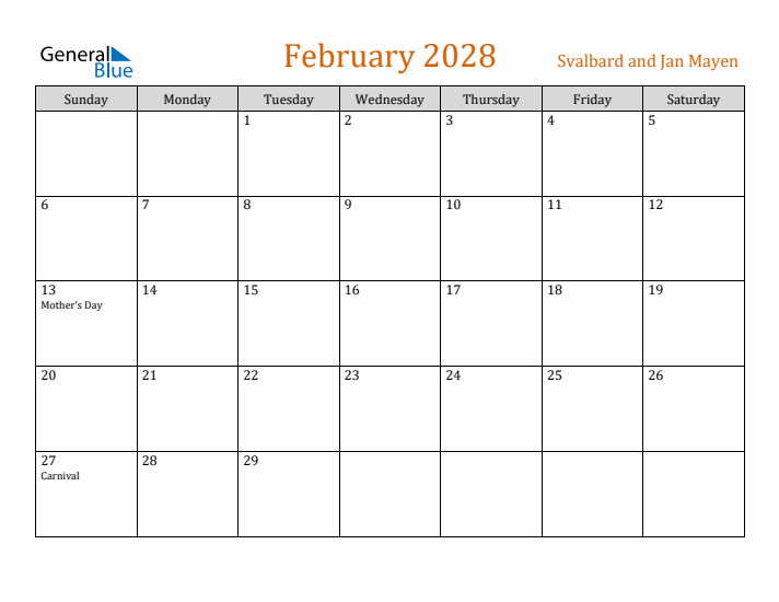 February 2028 Holiday Calendar with Sunday Start