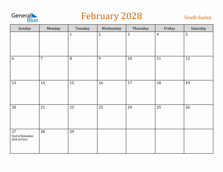 February 2028 Holiday Calendar with Sunday Start