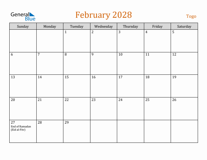 February 2028 Holiday Calendar with Sunday Start