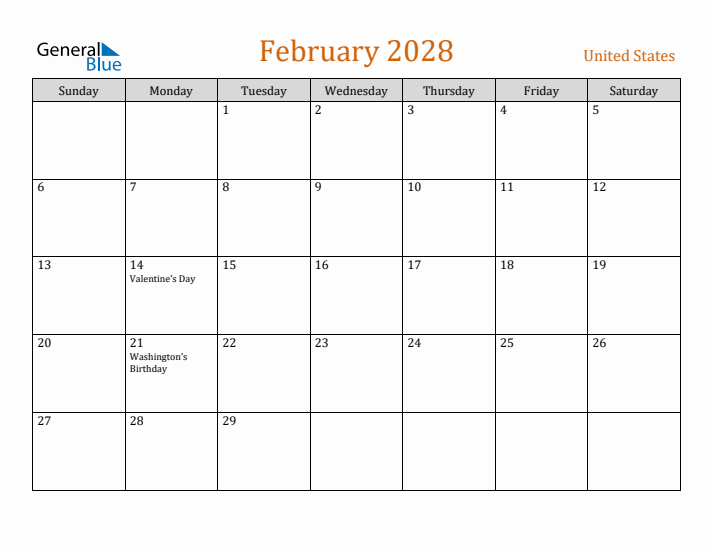 February 2028 Holiday Calendar with Sunday Start