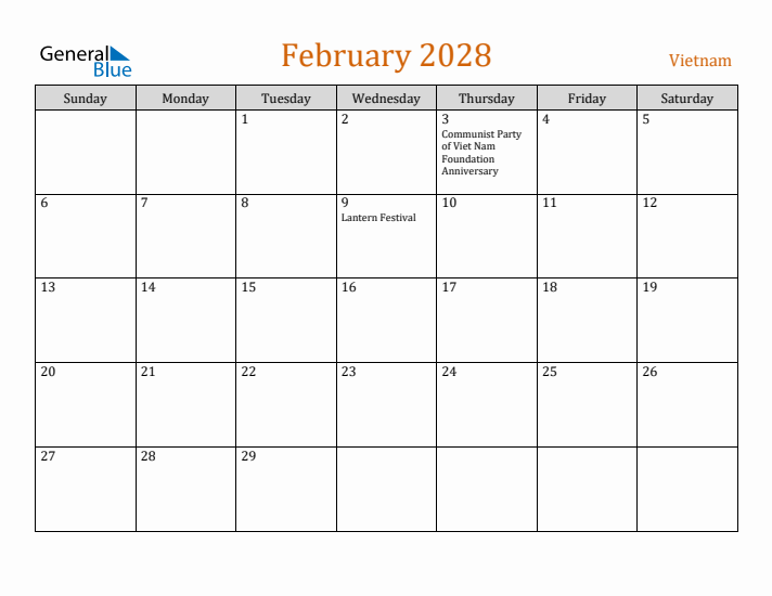 February 2028 Holiday Calendar with Sunday Start