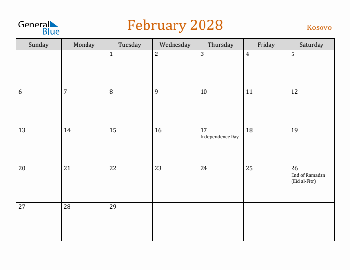 February 2028 Holiday Calendar with Sunday Start