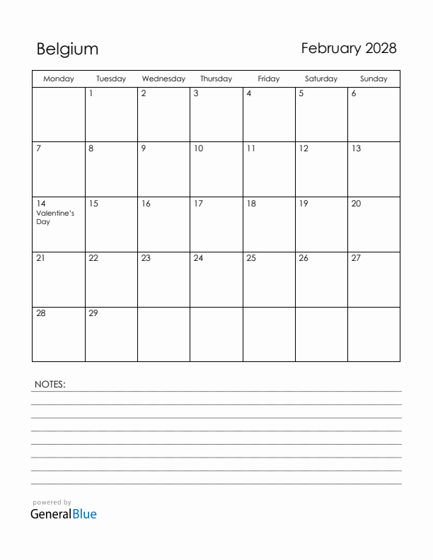 February 2028 Belgium Calendar with Holidays (Monday Start)