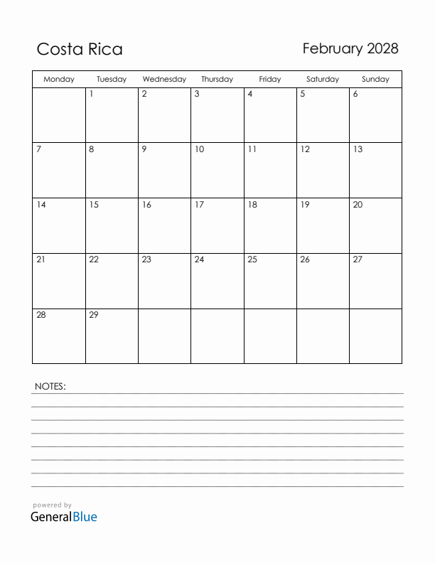 February 2028 Costa Rica Calendar with Holidays (Monday Start)