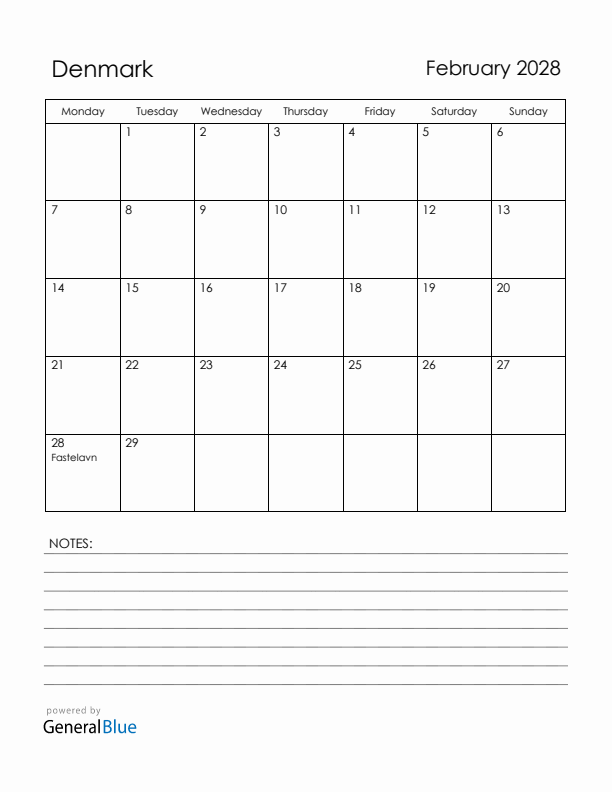 February 2028 Denmark Calendar with Holidays (Monday Start)