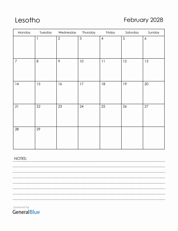 February 2028 Lesotho Calendar with Holidays (Monday Start)