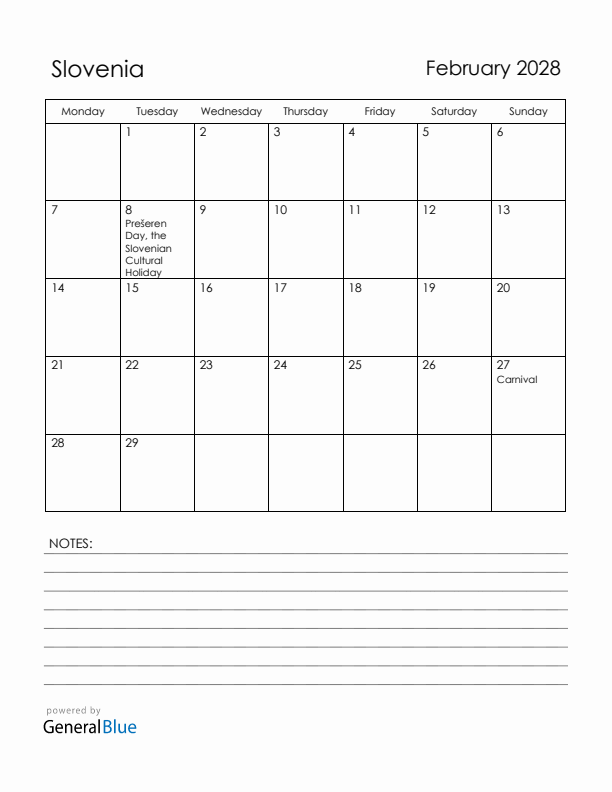 February 2028 Slovenia Calendar with Holidays (Monday Start)