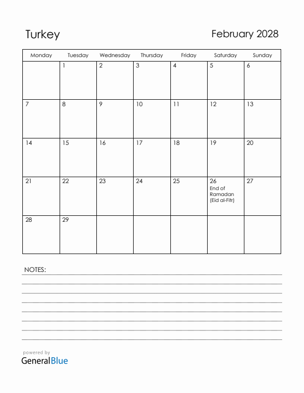 February 2028 Turkey Calendar with Holidays (Monday Start)