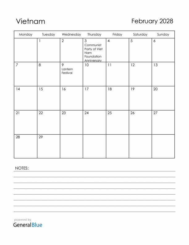 February 2028 Vietnam Calendar with Holidays (Monday Start)