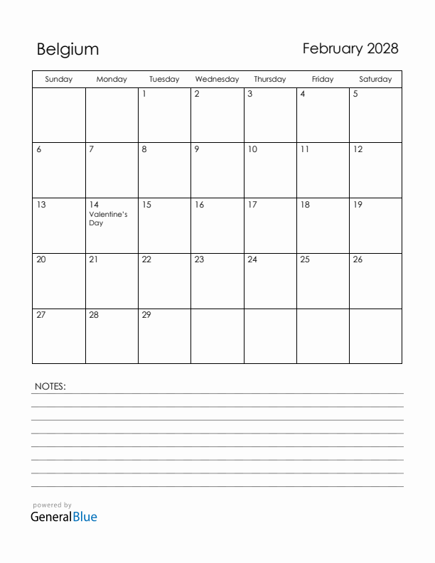 February 2028 Belgium Calendar with Holidays (Sunday Start)