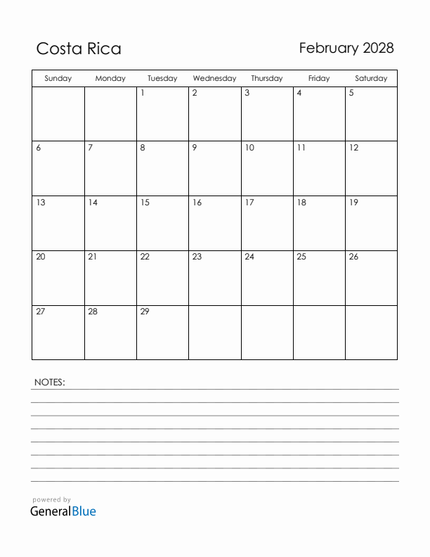 February 2028 Costa Rica Calendar with Holidays (Sunday Start)