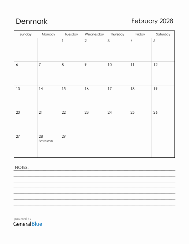 February 2028 Denmark Calendar with Holidays (Sunday Start)