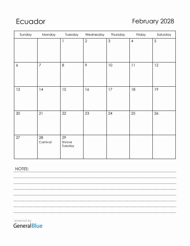 February 2028 Ecuador Calendar with Holidays (Sunday Start)