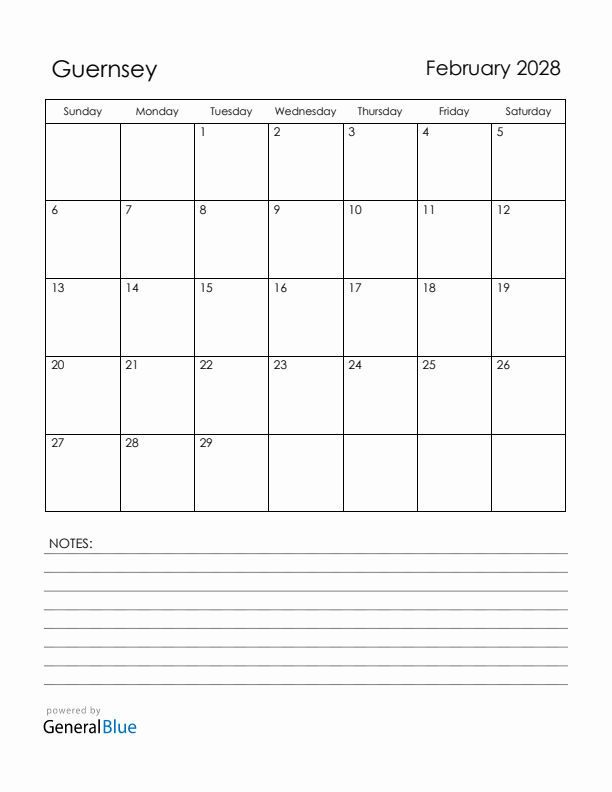 February 2028 Guernsey Calendar with Holidays (Sunday Start)