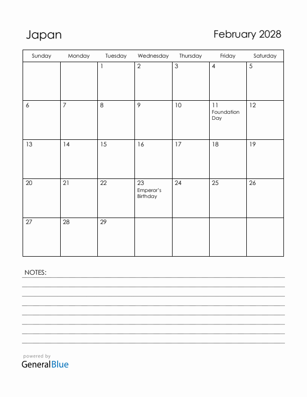 February 2028 Japan Calendar with Holidays (Sunday Start)