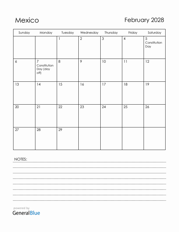 February 2028 Mexico Calendar with Holidays (Sunday Start)