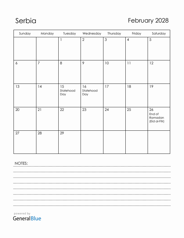 February 2028 Serbia Calendar with Holidays (Sunday Start)