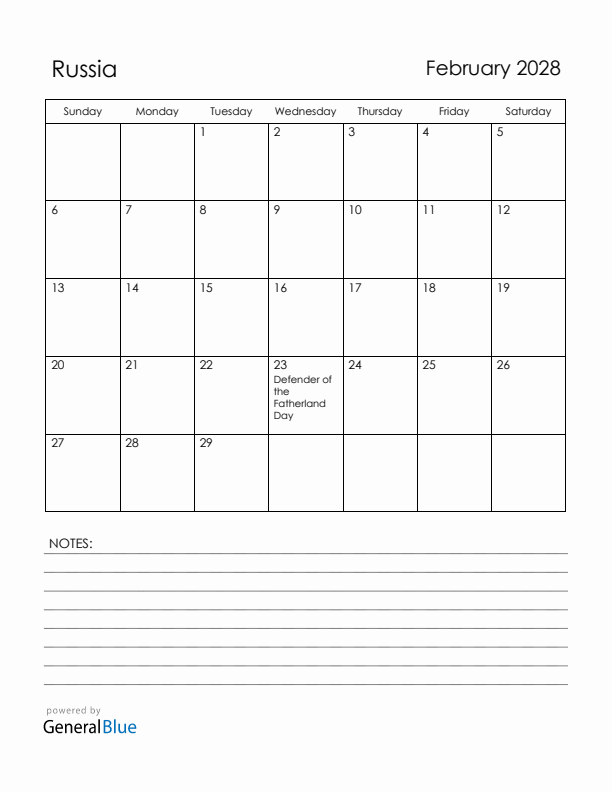 February 2028 Russia Calendar with Holidays (Sunday Start)