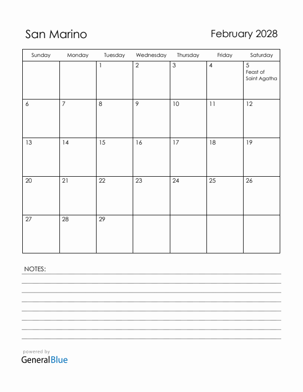 February 2028 San Marino Calendar with Holidays (Sunday Start)