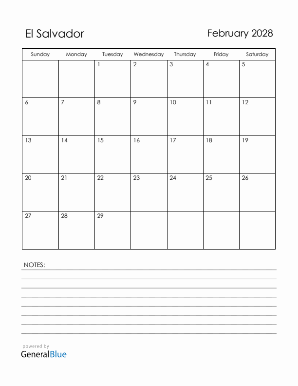 February 2028 El Salvador Calendar with Holidays (Sunday Start)